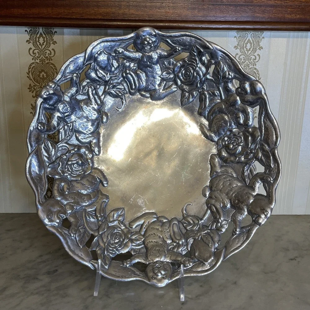 Vintage Arthur Court 1995 Metal Cast Aluminum Rabbit Rose Platter Bowl